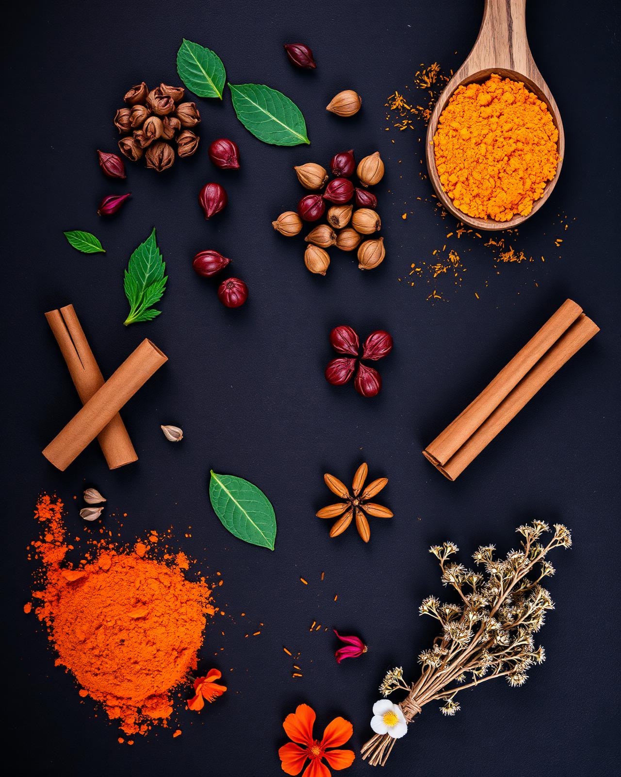 Overhead arrangement of organic spices, herbs and dried botanicals